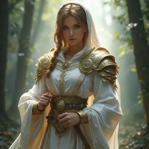 Prompt: A beautiful priestess stands 
Magical cleric
Magical world
Powerful hero 
Adventurer
Dungeons and Dragons character art
Fantasy character
Handsome feminine woman
Brave and confident
Well equipped 
Intricately crafted gear
Beautiful white and gold robes
Finely detailed
Wonderful
Attractive 
Beautiful
Robe is white and silver colored
Wearing padded armor over the robe
Powerful and commanding
Magical robe 
High fantasy 
Photorealism
Very detailed
Vivid
Clear
Extremely realistic
Meticulously detailed
Highly embossed and richly crafted armor
Dress is vivid and clear
White and gold theme
Forest setting 
Not posing for a picture
Magical aura