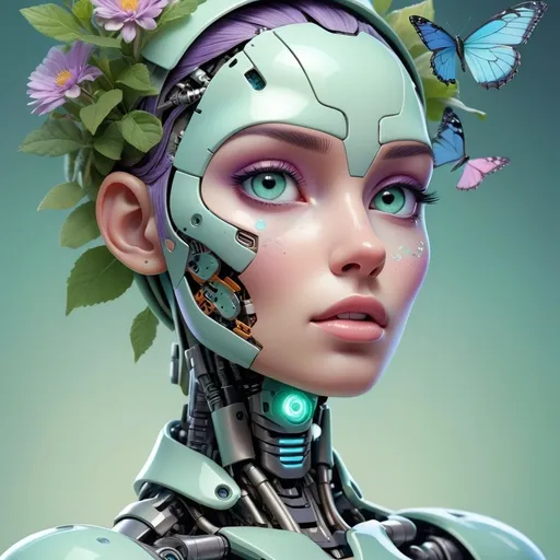 Prompt: A highly detailed artistic illustration of a half-human, half-robot face. One side of the face is a sleek and futuristic female AI robot in cold pastel tones (mint green, icy blue, lavender), with glowing elements and digital details. The other half is covered in colorful natural elements like flowers, birds, leaves, and butterflies, softly blending into the robotic side. The design is dreamy, surreal, and eye-catching, with soft lighting and a magical atmosphere. Perfect for a creative tech brand called "Dreampixel". Instagram profile picture format, circular framing.