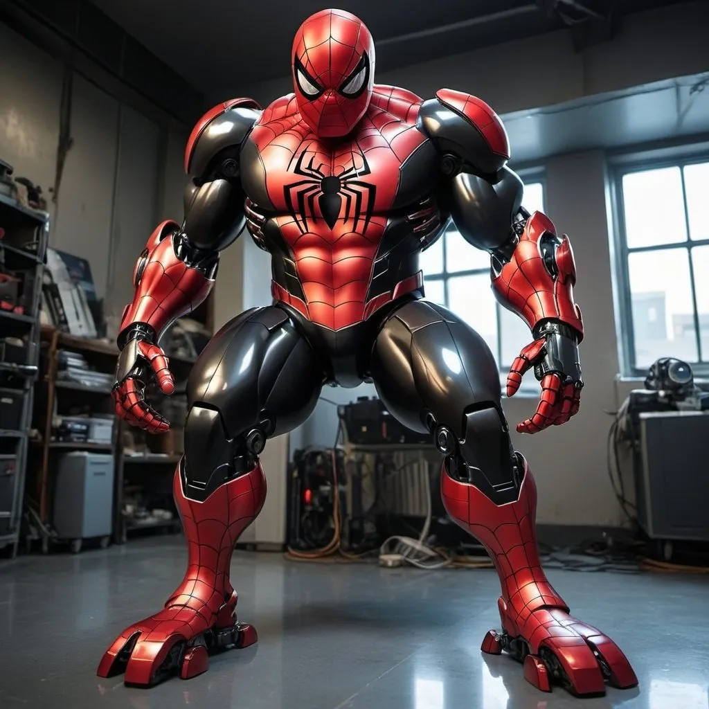 Prompt: a robotic so bulky and red glow black and red spiderman suit