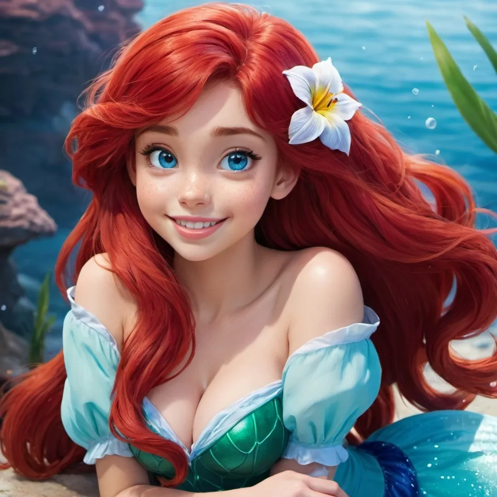 Prompt: 1girl, Vivid, super detailed, full body, Full color, super attractive, Disney Ariel, princess, anime style, red hair, sweet, cute, caring, smiling, expressive blue eyes, perfect hands