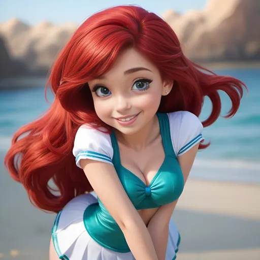 Prompt: 1girl, Vivid, super detailed, full body, Full color, super attractive, Disney Ariel, princess, cheerleader, red hair, sweet, cute, caring, smiling, expressive blue eyes, perfect hands