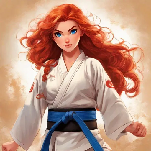 Prompt: vivid, detailed, 1girl, beautiful, long curly red hair, Disney classic animation style, large expressive blue eyes, karate black belt, kata, serious expression, realistic