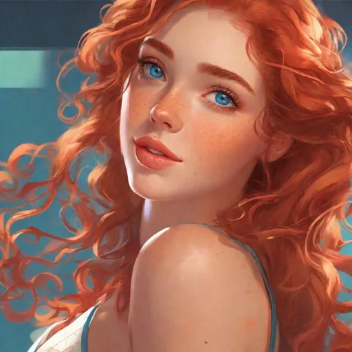 Prompt: vivid, detailed, 1girl, full body, realistic animated style, beautiful, super model, long curly red hair, large expressive blue eyes