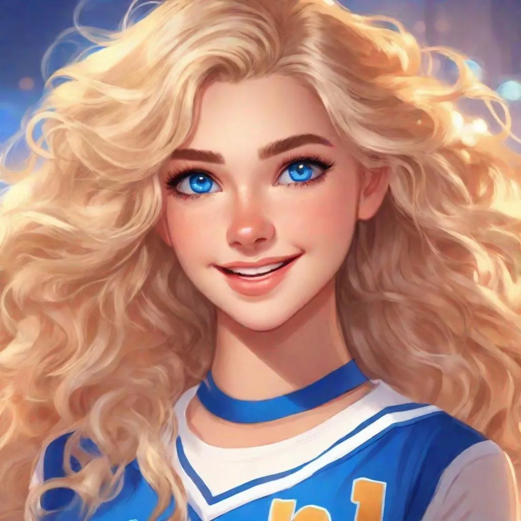 Prompt: vivid, detailed, 1girl, full body, realistic animated style, beautiful, long curly blonde hair, large expressive blue eyes, cheerleader