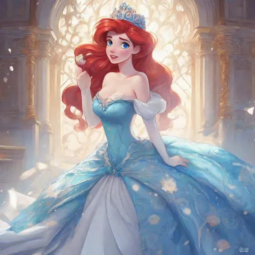 Prompt: 1girl, Vivid, super detailed, full body, Full color, Ariel Disney princess, super cute, white and blue gown