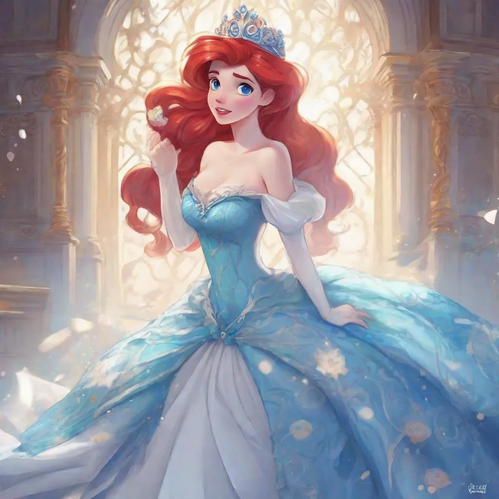 Prompt: 1girl, Vivid, super detailed, full body, Full color, Ariel Disney princess, super cute, white and blue gown