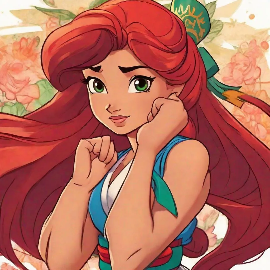 Prompt: vivid, detailed, Ariel disney princess, karate black belt, kata, serious expression, realistic