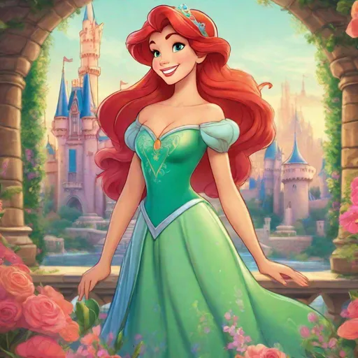 Prompt: Vivid, Super-Detailed, full body, Ariel Disney Princess, Illustration, smiling, castle in background, perfect hands