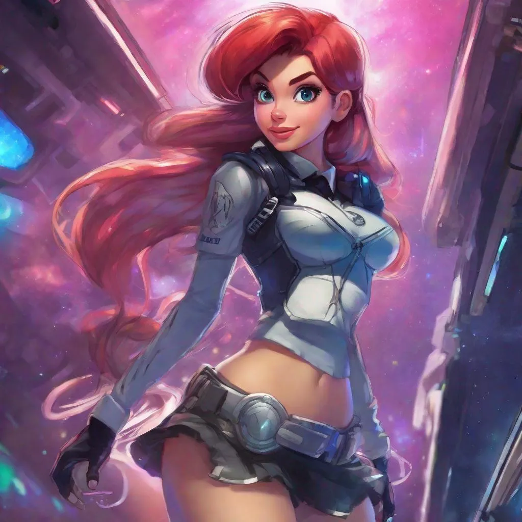 Prompt: Vivid, detailed, 1girl, Ariel disney princess, space police, miniskirt