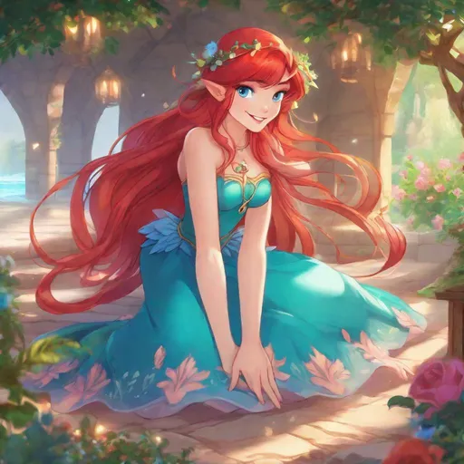 Prompt: Vivid, super detailed, full body, Full color, super attractive, Ariel as young elf girl, princess, red hair, sweet, cute, caring, smiling, expressive blue eyes, perfect hands