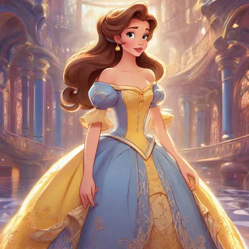 Prompt: 1girl, Vivid, detailed, Disney classic animation style, Belle Disney princess, full body, cute, fancy short elaborate dress, futuristic