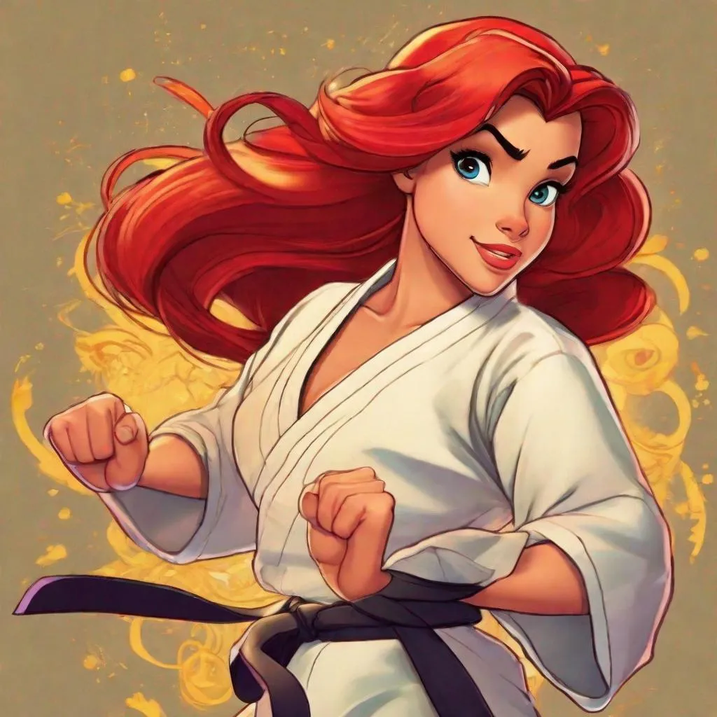 Prompt: vivid, detailed, Ariel disney princess, karate black belt, kata, serious expression, realistic