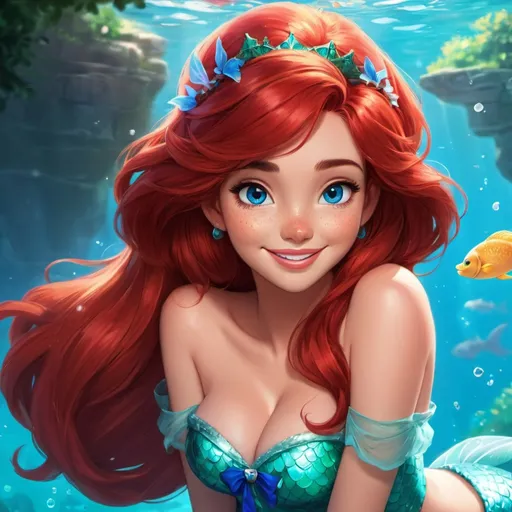 Prompt: 1girl, Vivid, super detailed, full body, Full color, super attractive, Disney Ariel, princess, anime style, red hair, sweet, cute, caring, smiling, expressive blue eyes, perfect hands