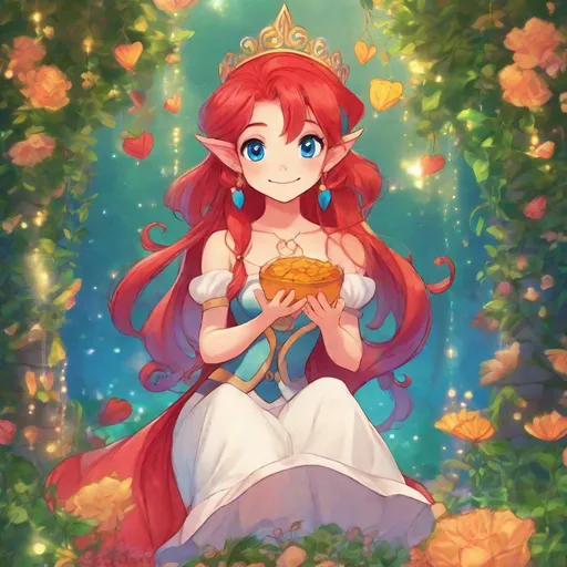 Prompt: Vivid, super detailed, full body, Full color, super attractive, Ariel as young elf girl, princess, red hair, sweet, cute, caring, smiling, expressive blue eyes, perfect hands