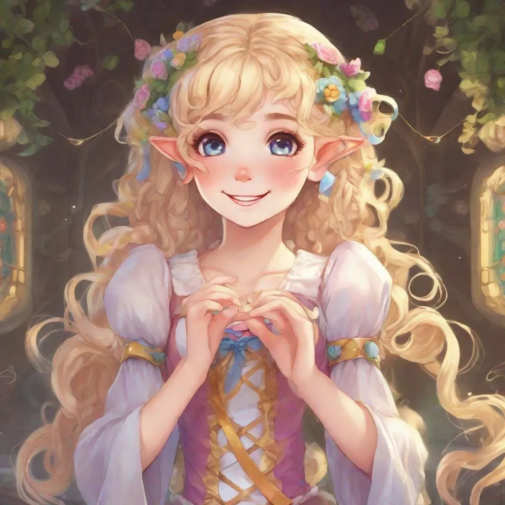 Prompt: Vivid, super detailed, full body, Full color, super attractive, young elf girl, princess, blonde curly hair, ribbon in hair, sweet, cute, caring, smiling