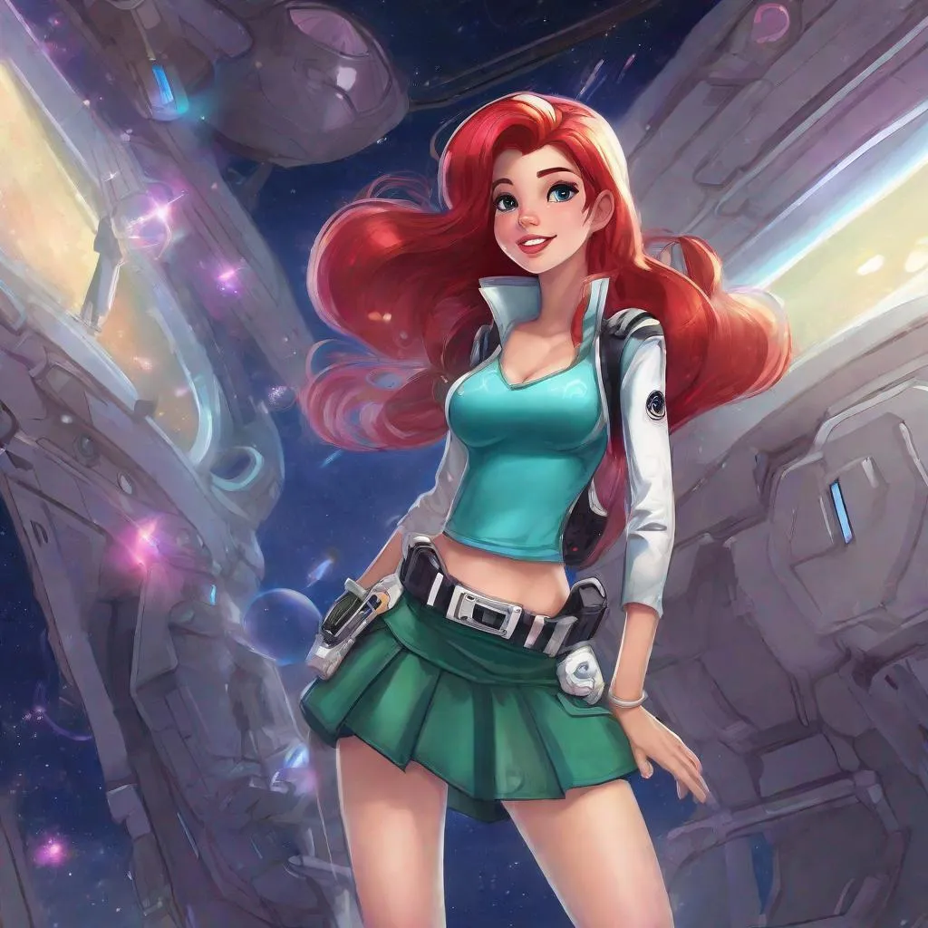 Prompt: Vivid, detailed, 1girl, Ariel disney princess, space police, miniskirt