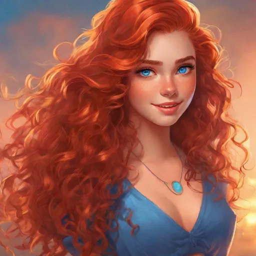 Prompt: vivid, detailed, 1girl, full body, realistic animated style, beautiful, super model, long curly red hair, large expressive blue eyes