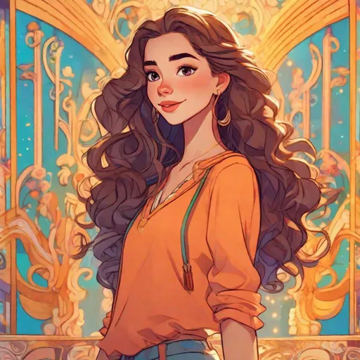 Prompt: vivid, super detailed, full body, Disney animated style, model, cute, detailed long hair, styled, curly, expressive eyes, perfect hands, symmetrical face, emotion, 24 year old woman