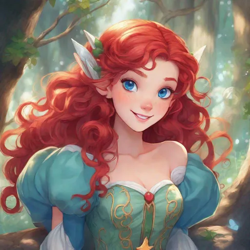 Prompt: Vivid, super detailed, full body, Full color, super attractive, Ariel as young elf girl, princess, red curly hair, sweet, cute, caring, smiling, expressive blue eyes