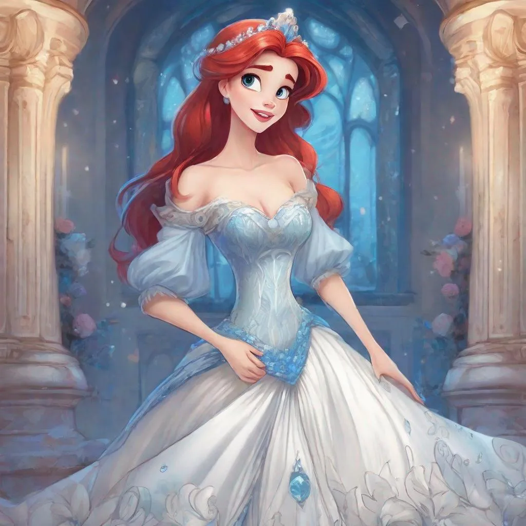 Prompt: 1girl, Vivid, super detailed, full body, Full color, Ariel Disney princess, super cute, white and blue gown