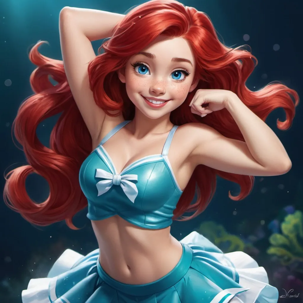 Prompt: 1girl, Vivid, super detailed, full body, Full color, super attractive, Disney Ariel, princess, cheerleader, red hair, sweet, cute, caring, smiling, expressive blue eyes, perfect hands