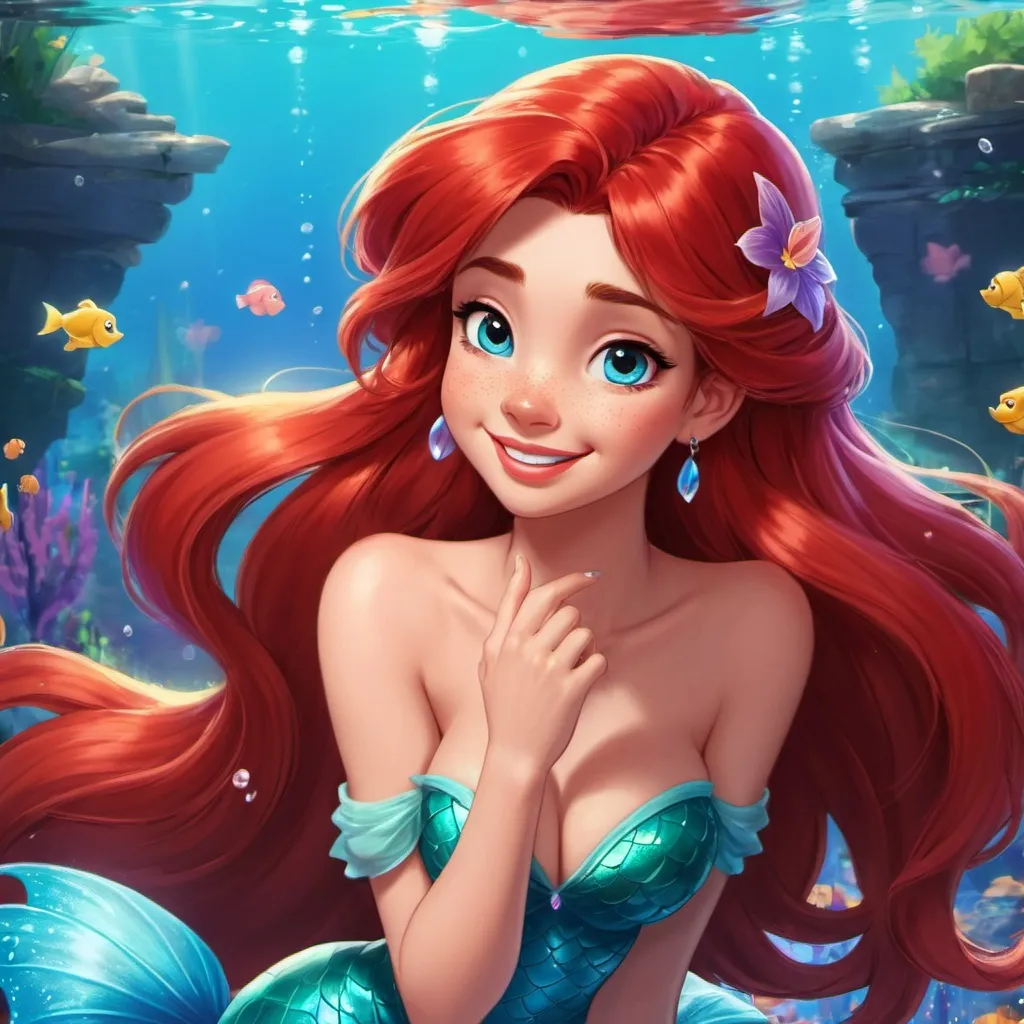 Prompt: 1girl, Vivid, super detailed, full body, Full color, super attractive, Disney Ariel, princess, anime style, red hair, sweet, cute, caring, smiling, expressive blue eyes, perfect hands