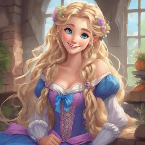 Prompt: Vivid, super detailed, full body, Full color, super attractive, Rapunzel as young elf girl, princess, blonde curly hair, ribbon in hair, sweet, cute, caring, smiling, expressive blue eyes