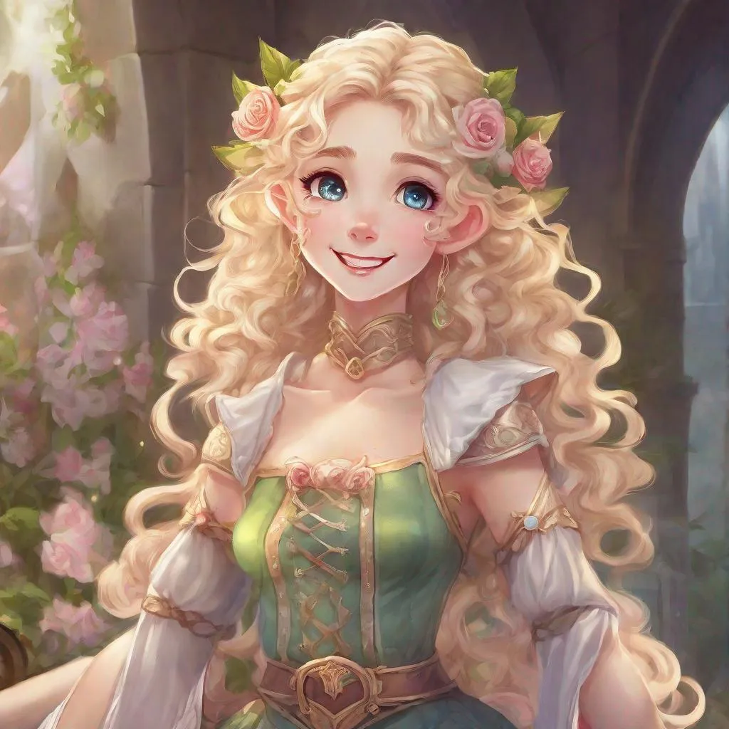 Prompt: Vivid, super detailed, full body, Full color, super attractive, young elf girl, princess, blonde curly hair, sweet, cute, caring, smiling