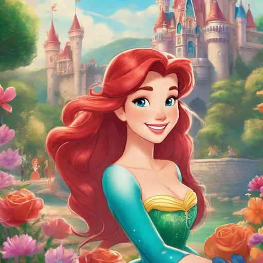 Prompt: Vivid, Super-Detailed, full body, Ariel Disney Princess, Cute, smiling, castle in background