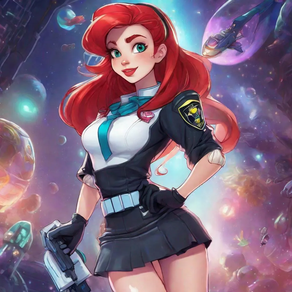 Prompt: Vivid, detailed, 1girl, Ariel disney princess, space police, miniskirt