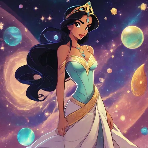 Prompt: 1girl, Vivid, detailed, space, science fiction, Disney classic animation style, Jasmine Disney princess, full body, cute