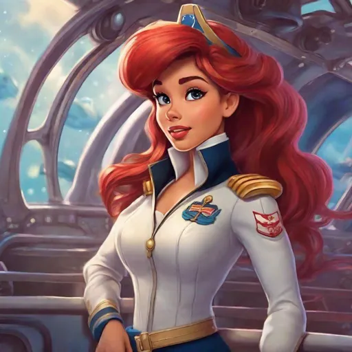 Prompt: Vivid, super detailed, Ariel Disney princess, naval uniform, captain on the bridge of her spaceship 
