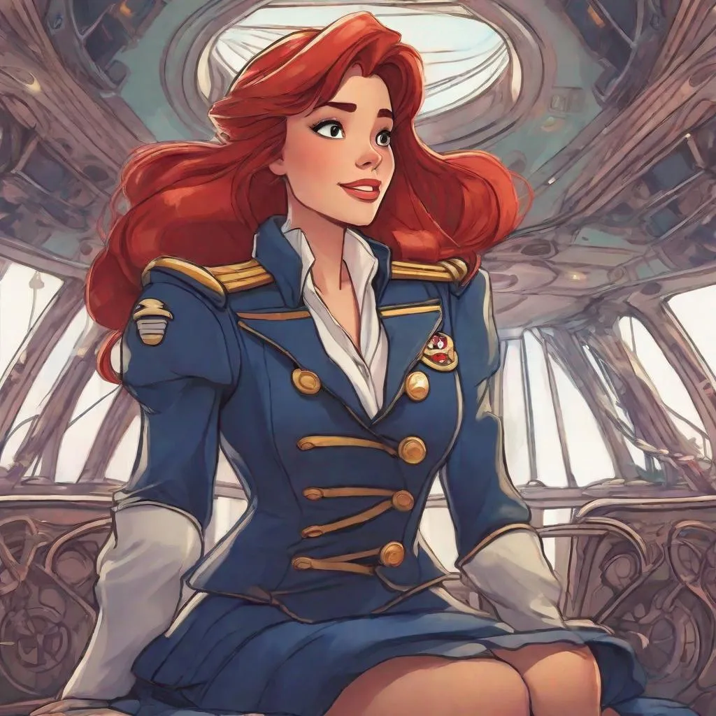 Prompt: Vivid, super detailed, Ariel Disney princess, naval uniform, captain on the bridge of her spaceship 