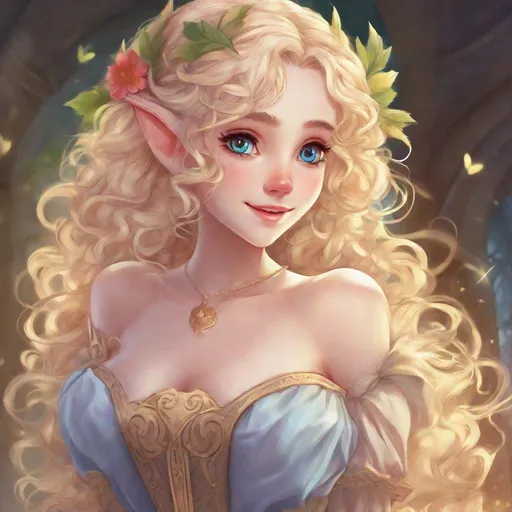Prompt: Vivid, super detailed, full body, Full color, super attractive, young elf girl, princess, blonde curly hair, sweet, cute, caring, smiling