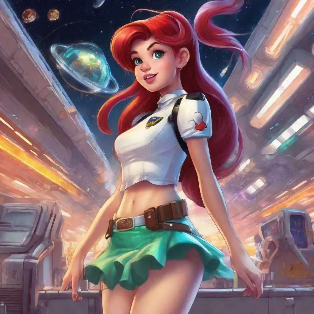 Prompt: Vivid, detailed, 1girl, Ariel disney princess, space police, miniskirt