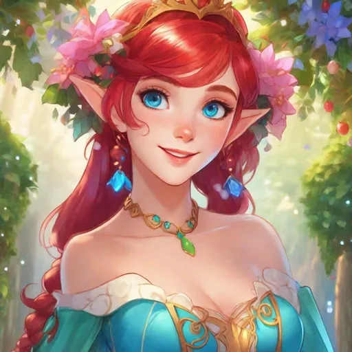 Prompt: Vivid, super detailed, full body, Full color, super attractive, Ariel as young elf girl, princess, red hair, sweet, cute, caring, smiling, expressive blue eyes, perfect hands