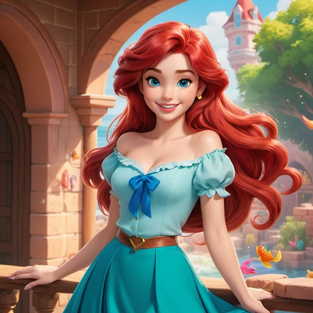 Prompt: Vivid, super detailed, full body, Full color, super attractive, Disney Ariel, princess, red hair, sweet, cute, caring, smiling, expressive blue eyes, perfect hands, blouse, skirt