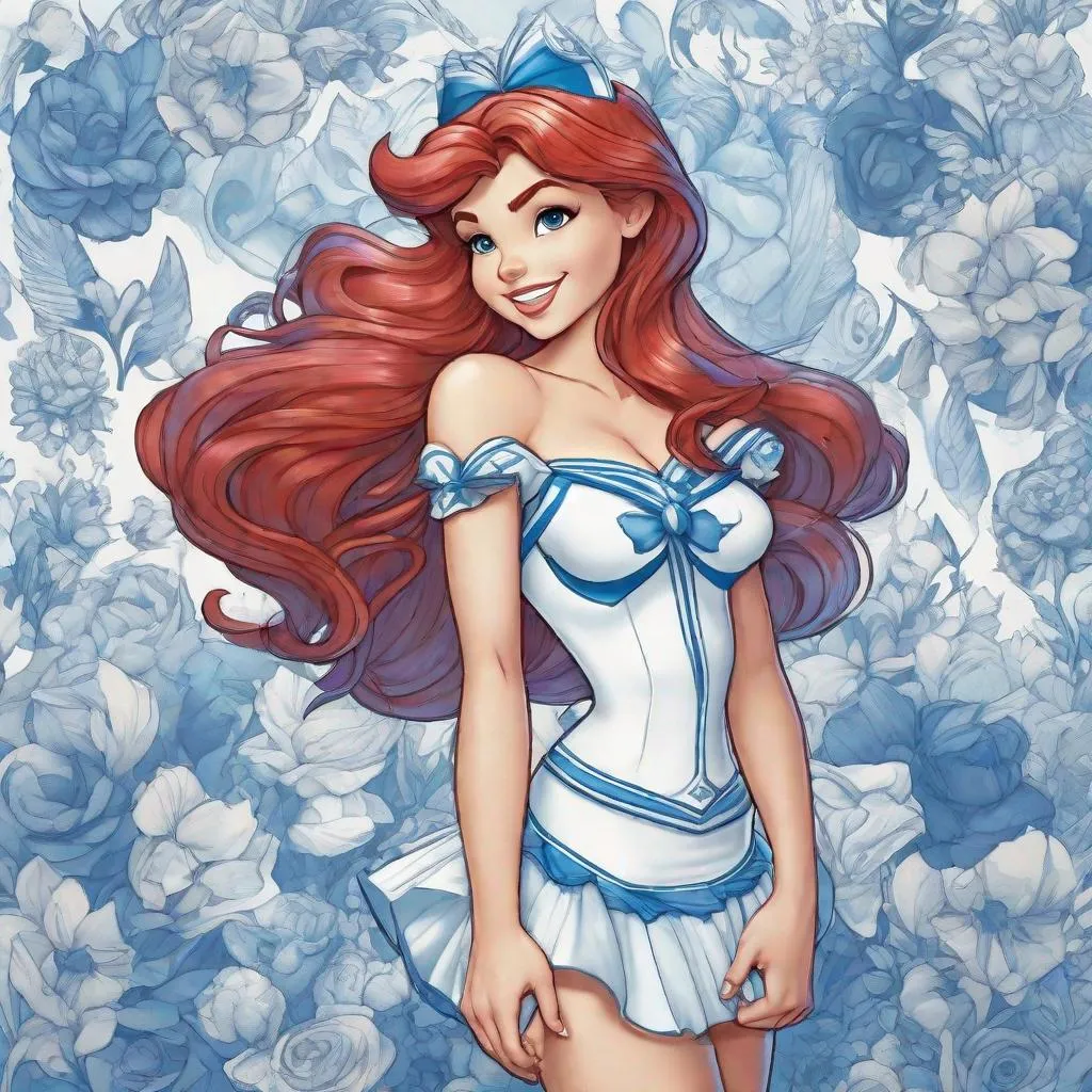 Prompt: Vivid, super detailed, full body, Full color, Ariel Disney princess, cheerleader, blue and white