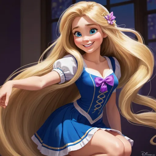 Prompt: 1girl, Vivid, super detailed, full body, Full color, super attractive, Disney Rapunzel, princess, cheerleader, blonde hair, sweet, cute, caring, smiling, expressive blue eyes, perfect hands