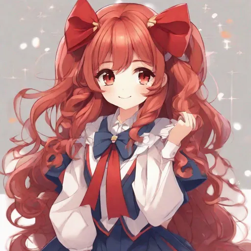 Prompt: 1girl, vivid, super detailed, full body, anime, cute, long red hair, styled, curly, bow in hair, perfect hands, symmetrical face