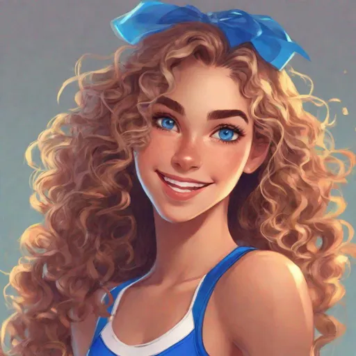 Prompt: 1girl, vivid, detailed, full body, realistic animated style, beautiful, long curly hair, large expressive blue eyes, cheerleader