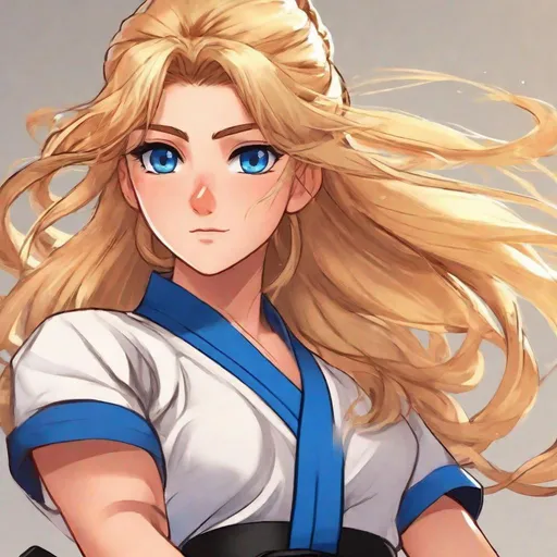 Prompt: vivid, detailed, 1girl, full body, beautiful, long curly blonde hair in a pony tail, large expressive blue eyes, karate black belt, kata, serious expression, realistic animated style