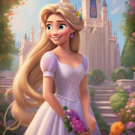 Prompt: Vivid, classic Disney animation style, rapunzel Disney princess, wedding dress, flowers in hair, lds temple in background 