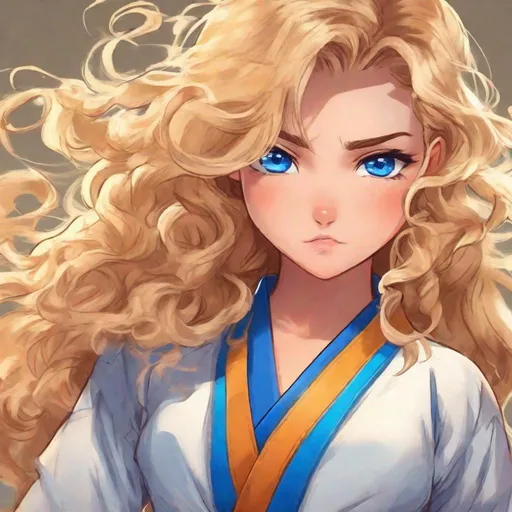 Prompt: vivid, detailed, 1girl, beautiful, long curly blonde hair, large expressive blue eyes, karate black belt, kata, serious expression, realistic animated style