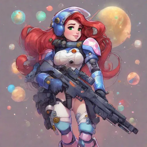 Prompt: 1girl, Vivid, super detailed, full body, Full color, Ariel Disney princess, super cute, space marine, boltgun