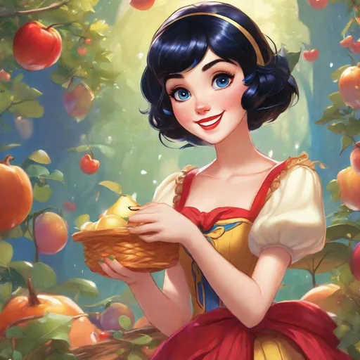 Prompt: Vivid, super detailed, full body, Full color, super attractive, Disney Snow White as young elf girl, princess, short black hair, pixie cut, sweet, cute, caring, smiling, expressive blue eyes, perfect hands