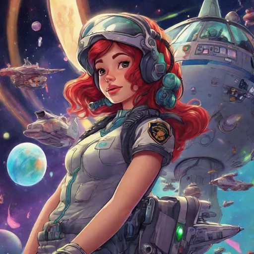 Prompt: Vivid, detailed, 1girl, Ariel disney princess, space police pilot