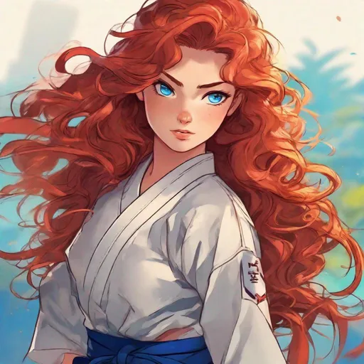 Prompt: vivid, detailed, 1girl, beautiful, long curly red hair, large expressive blue eyes, karate black belt, kata, serious expression, realistic animated style