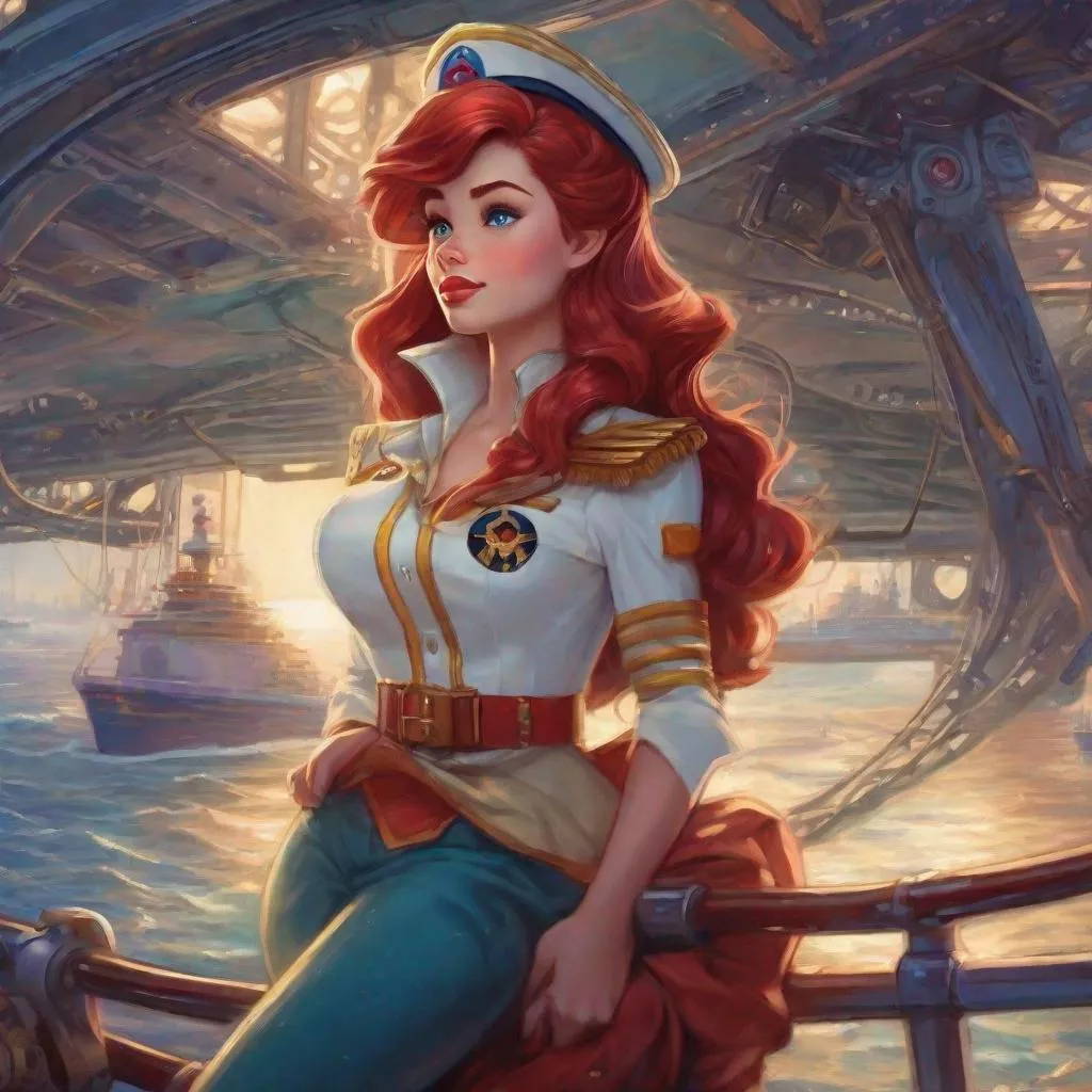 Prompt: Vivid, super detailed, Ariel Disney princess, naval uniform, captain on the bridge of her spaceship 