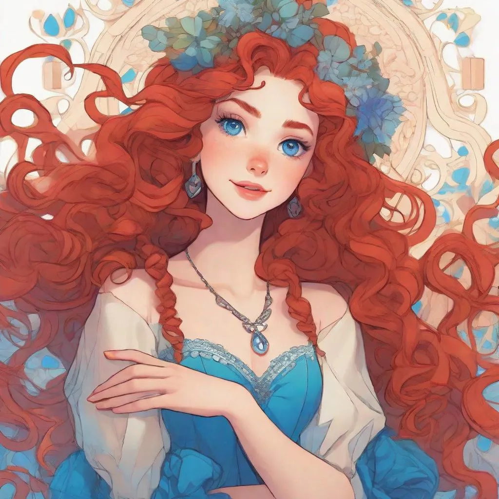 Prompt: vivid, super detailed, full body, Disney style, cute, long red hair, styled, curly, lace, expressive blue eyes, perfect hands, symmetrical face, emotion, 24 year old woman